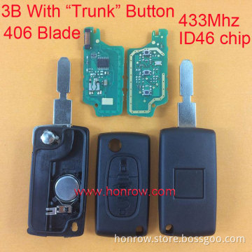 Peugeot 433Mhz ID46 Chip 3 button flip remote key with 406 blade trunk button Car key